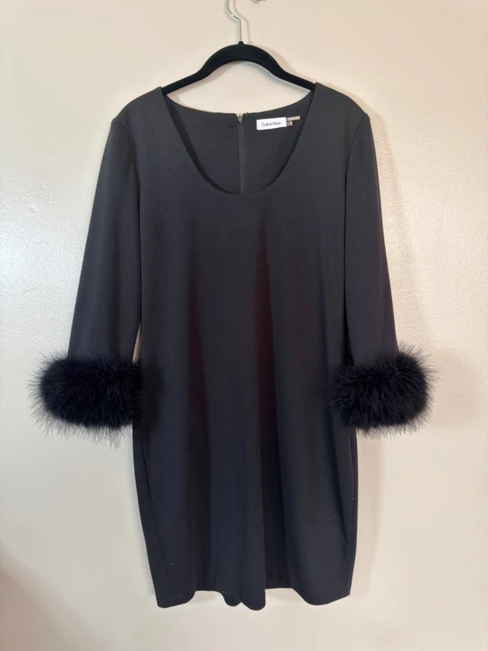 Calvin Klein Black Long-Sleeve Dress with Feather Cuffs - Picture 2 of 7